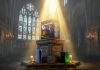 Xbox Series X vs PS5 vs PC: The 2026 Reality Check Gaming consoles displayed in a cathedral below a gaming PC on a plinth bathed in radiant light
