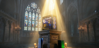 Xbox Series X vs PS5 vs PC: The 2026 Reality Check Gaming consoles displayed in a cathedral below a gaming PC on a plinth bathed in radiant light