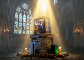 Xbox Series X vs PS5 vs PC: The 2026 Reality Check Gaming consoles displayed in a cathedral below a gaming PC on a plinth bathed in radiant light
