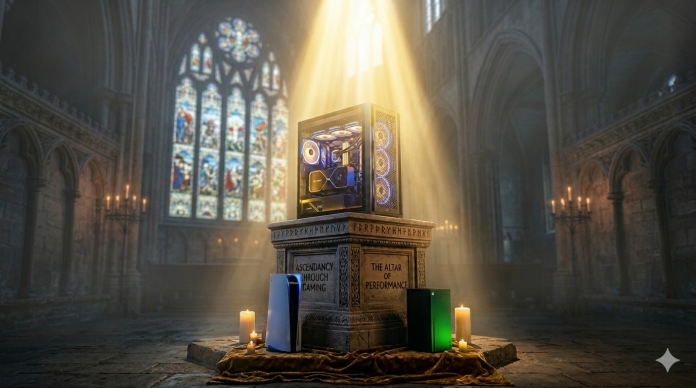 Gaming consoles displayed in a cathedral below a gaming PC on a plinth bathed in radiant light