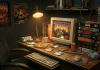 The Top 20 Retro PC Games Everyone Should Play A cluttered 1990s PC gaming desk setup photographed from a slight angle, a tall stack of eight vintage big-box PC game cases towering beside a beige CRT monitor