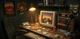 The Top 20 Retro PC Games Everyone Should Play A cluttered 1990s PC gaming desk setup photographed from a slight angle, a tall stack of eight vintage big-box PC game cases towering beside a beige CRT monitor