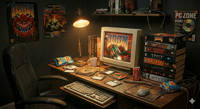 A cluttered 1990s PC gaming desk setup photographed from a slight angle, a tall stack of eight vintage big-box PC game cases towering beside a beige CRT monitor