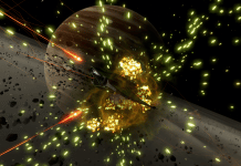 Salvation’s Finishing Moves – Elite Dangerous: Azimuth Saga Finale video game explosion in space with green and red particles arounbd spaceship in orbit around planet