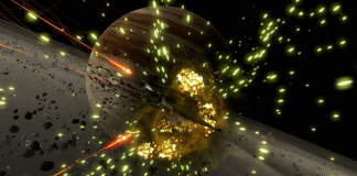 Salvation’s Finishing Moves – Elite Dangerous: Azimuth Saga Finale video game explosion in space with green and red particles arounbd spaceship in orbit around planet