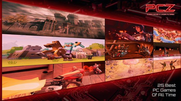 A montage of nine classic PC game screenshots including Elden Ring, Minecraft, Baldur's Gate 3 and The Orange Box, displayed on a perspective-skewed screen with a red tint — cover art for PCZ's 25 Best PC Games of All Time feature