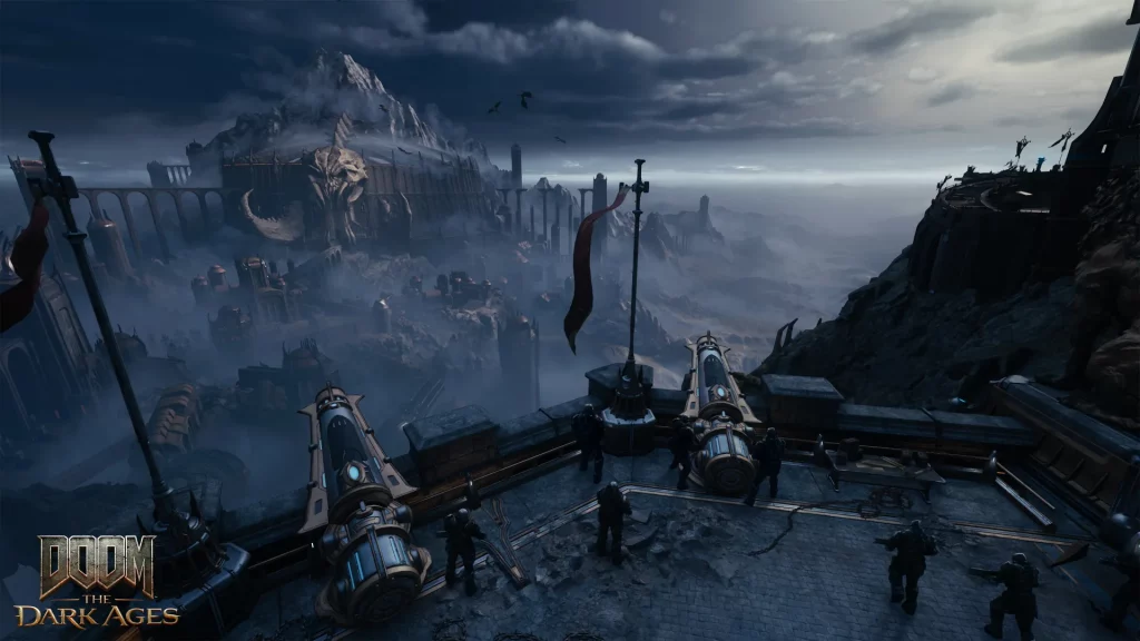 DOOM: The Dark Ages Review 1 Soldiers look out across a misty plain in video game Doom: The Dark Ages