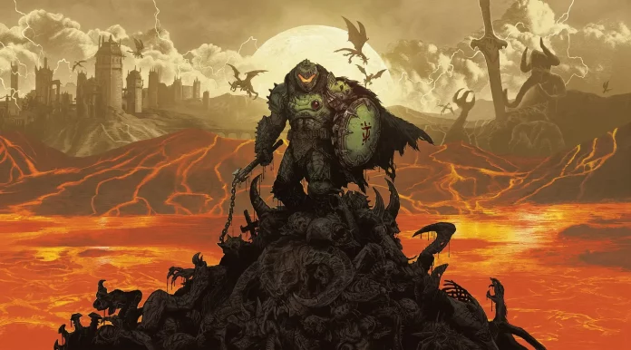The Slayer stands atop a pile of bones in video game Doom: The Dark Ages