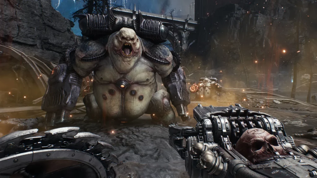 DOOM: The Dark Ages Review 3 Mancubus demon being shot with a Pulveriser gun in video game Doom: The Dark Ages