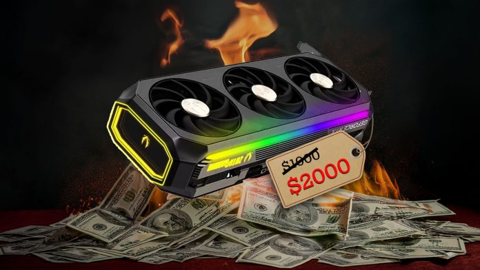 A large GPU sits on top of a burning pile of cash with a large price tag attached