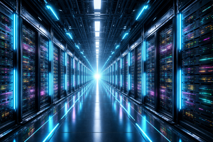 A massive AI data centre with servers whining away in a huge neon lit warehouse
