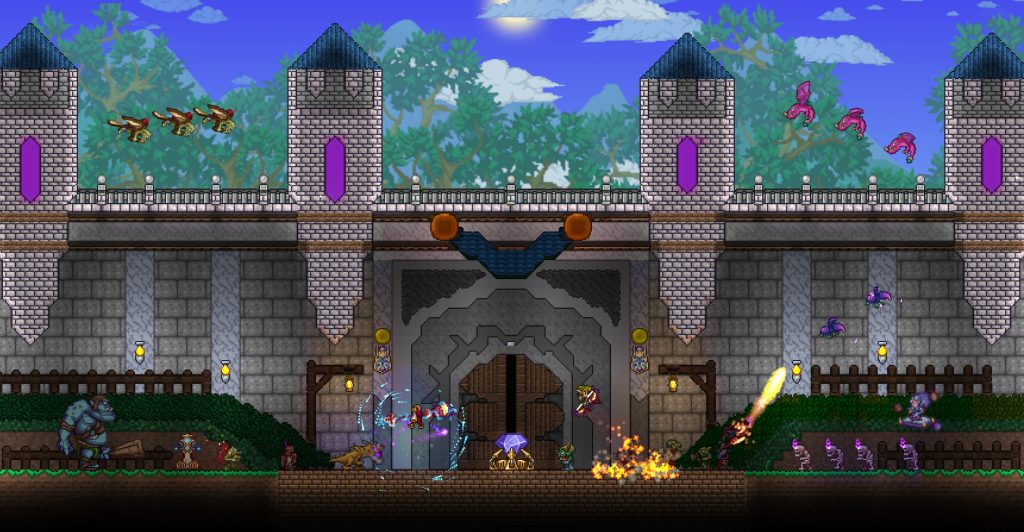 Terraria
A player battles a giant eye boss above a pixelated landscape in Terraria