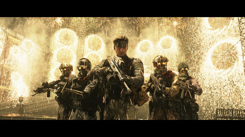 Death Stranding 2 soldiers stand in front fireworks