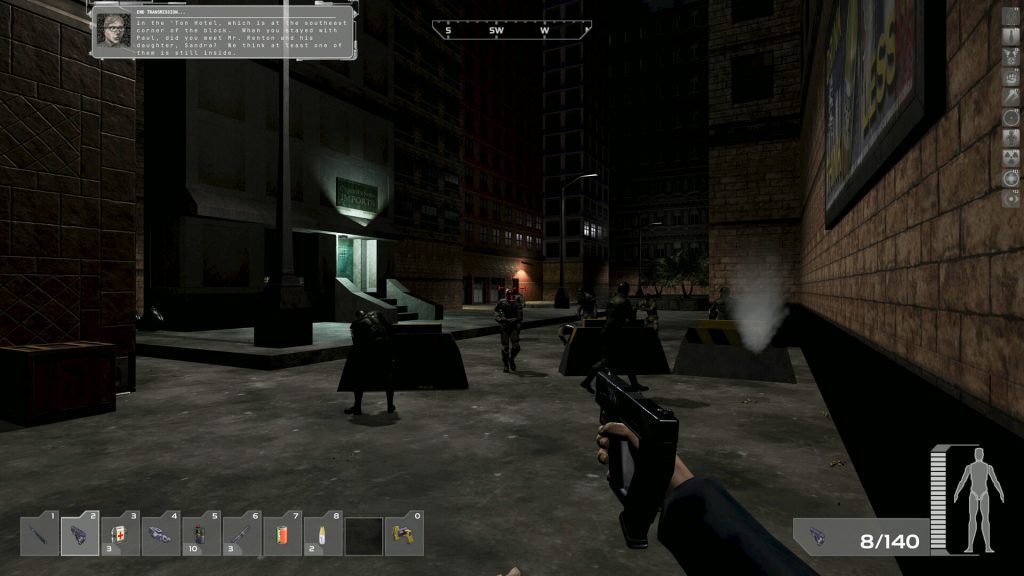 Deus Ex
JC Denton stands in a neon-lit futuristic city street in Deus Ex