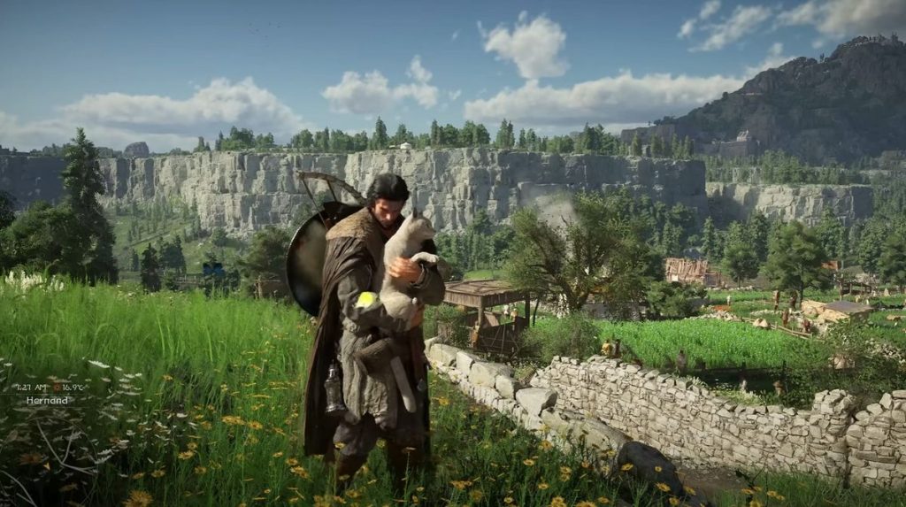 Crimson Desert Kliff holding a cat in front of a beautiful vista