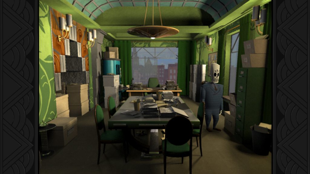 Manny walks around the office building in Grim Fandango