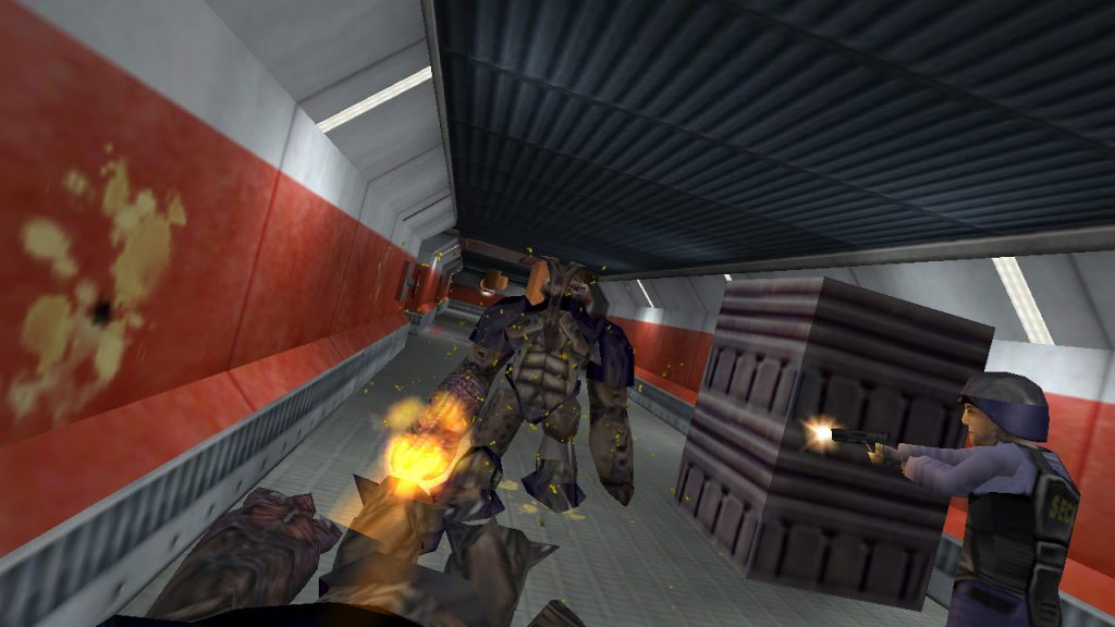Half-Life Gordon Freeman faces a Combine soldier in a ruined city street in Half-Life 2