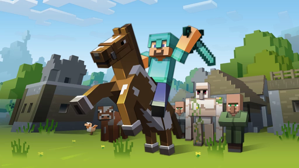 Minecraft
Steve rides a horse through a blocky landscape in Minecraft