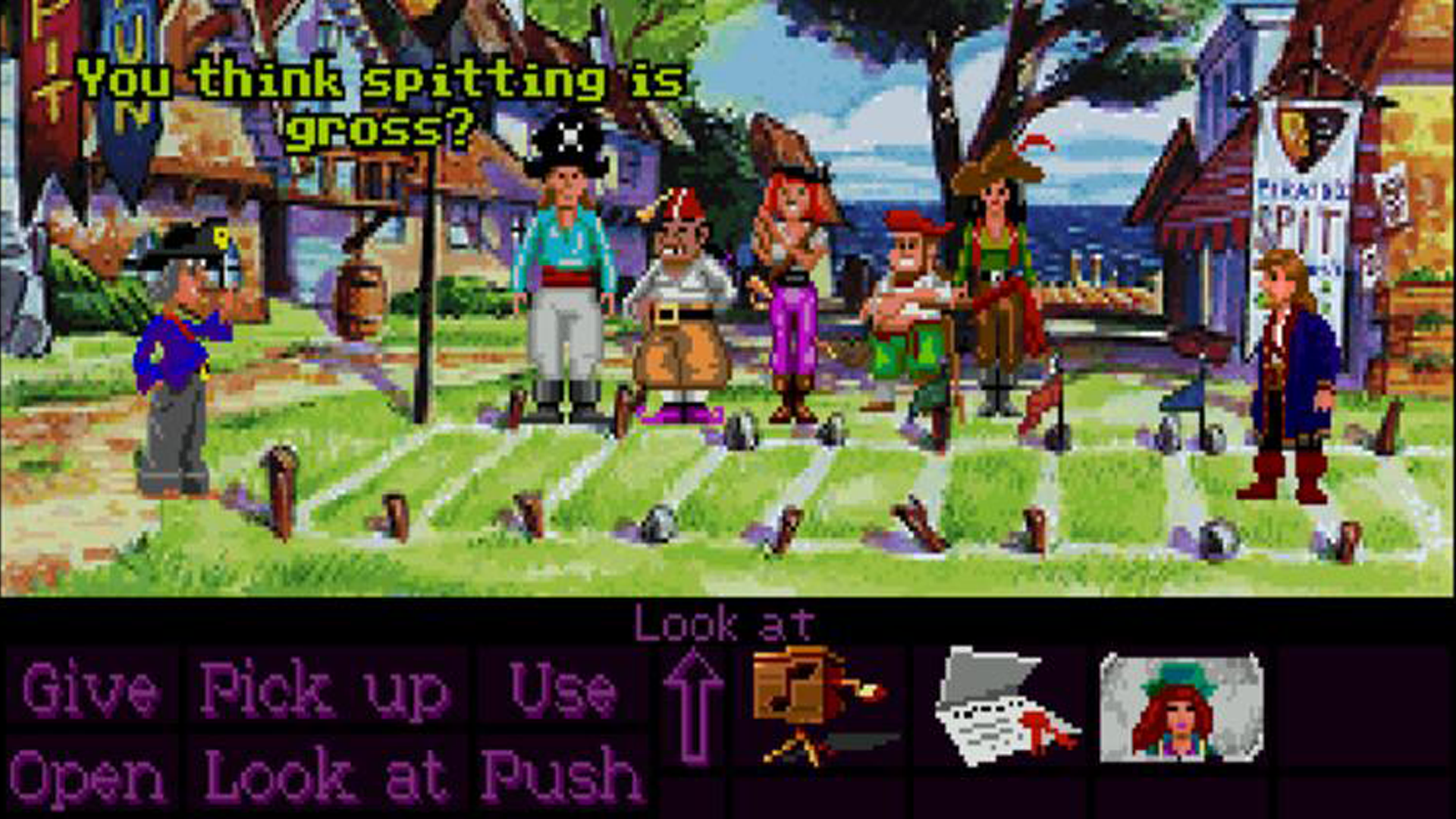 Guybrush prepares to spit as far as he can in Monkey Island 2: LeChuck's Revenge