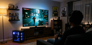 The Sofa Sultan’s Guide to PC Gaming on Your TV Man sits on his sofa playing a PC game through his living room TV