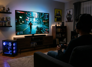 The Sofa Sultan’s Guide to PC Gaming on Your TV Man sits on his sofa playing a PC game through his living room TV