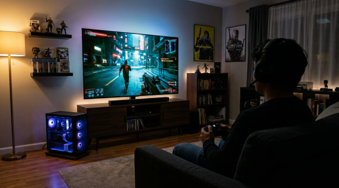 Man sits on his sofa playing a PC game through his living room TV