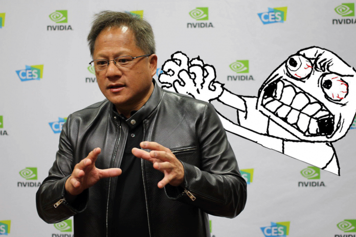 Nvidia CEO Jensen Huang on stage with angry meme DLSS 5
