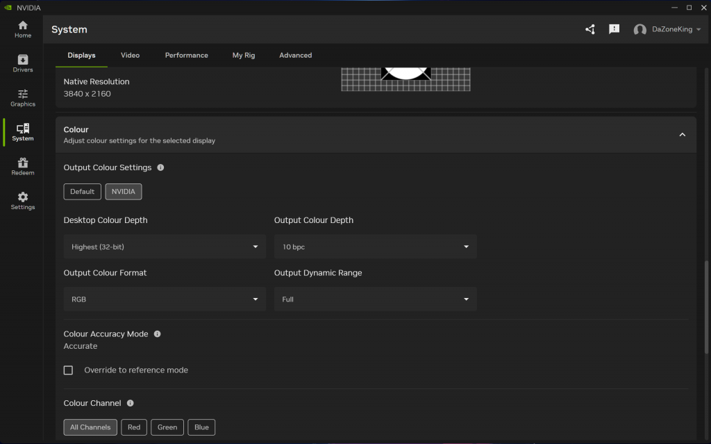 NVIDIA App colour and RGB configurations settings for S95F TV