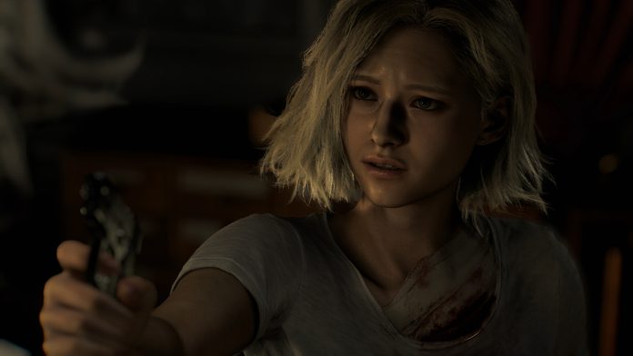 Grace holds a gun looking scared in Resident Evil: Requiem