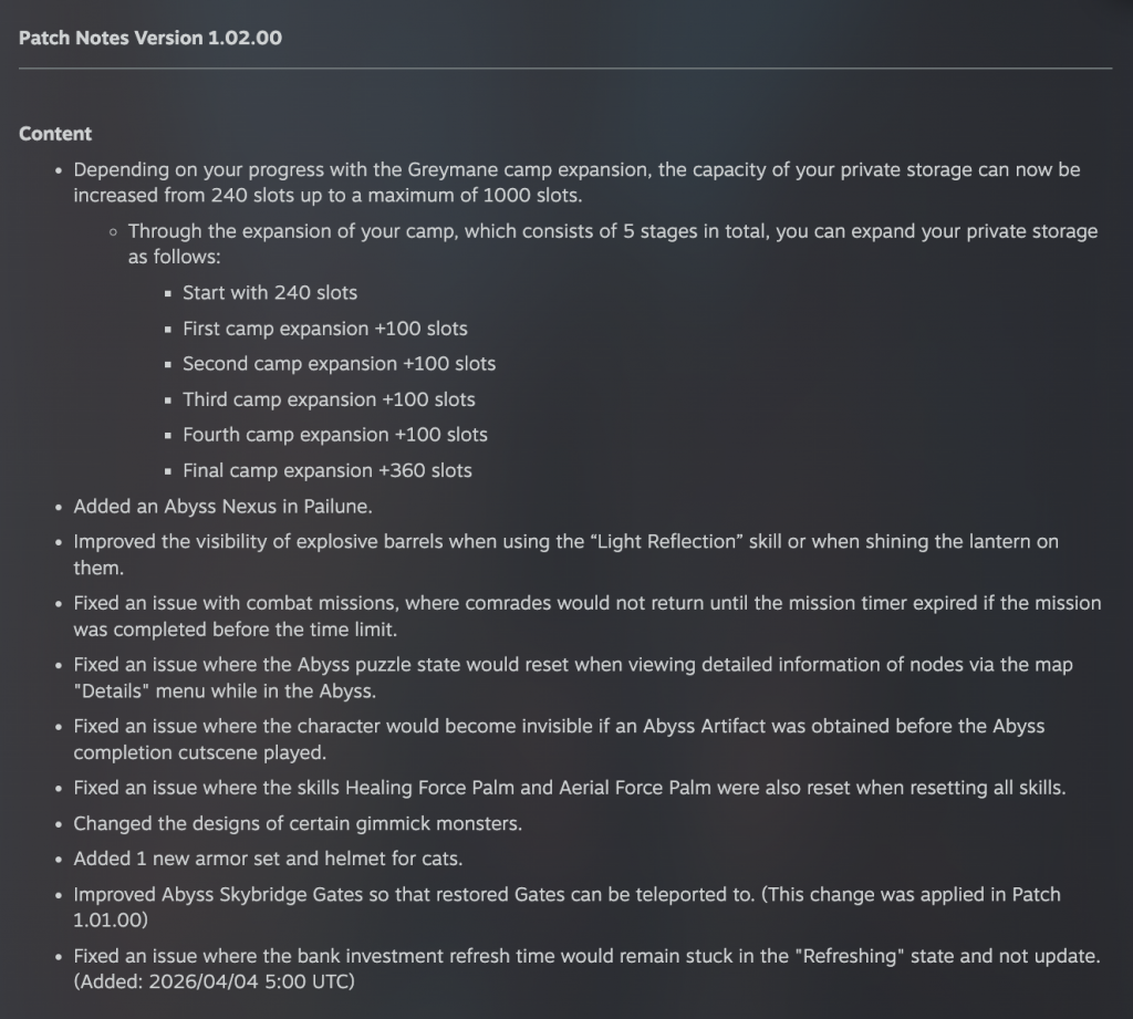 Crimson Desert patch notes for version 1.02.00