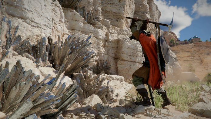 Crimson Desert Kliff hacks at a mineral on a cliff with a pickaxe