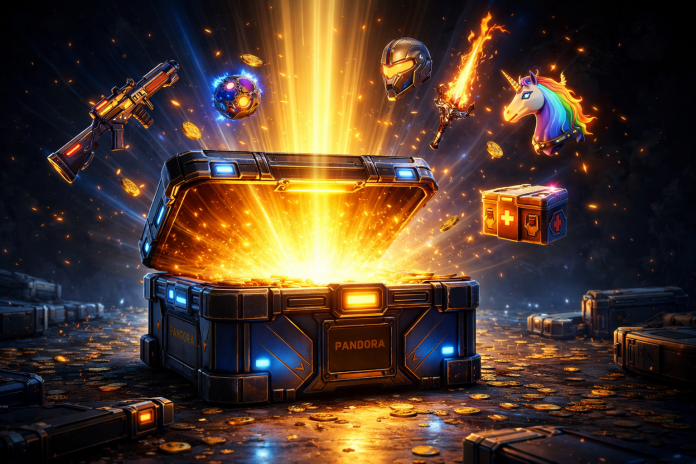 Glowing loot box treasure chest labelled Pandora with gold coins and games items flying through the air