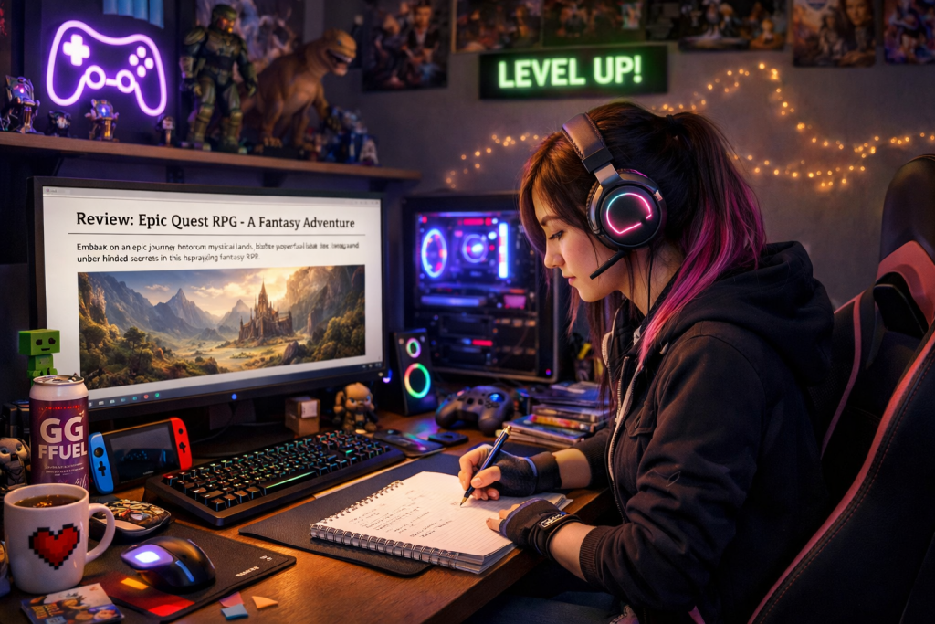 A female gamer works on a review for a PC game at her desk surrounded by gaming merchandise
