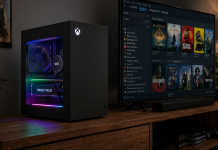 The Next Xbox Is Just a PC with an Identity Crisis An Xbox powered by project Helix sits on a media unit by a TV with a Steam games library on screen