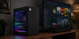 The Next Xbox Is Just a PC with an Identity Crisis An Xbox powered by project Helix sits on a media unit by a TV with a Steam games library on screen