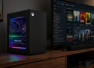 The Next Xbox Is Just a PC with an Identity Crisis An Xbox powered by project Helix sits on a media unit by a TV with a Steam games library on screen