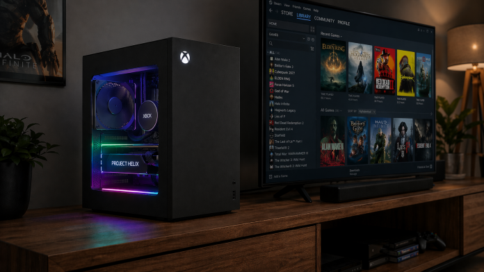 An Xbox powered by project Helix sits on a media unit by a TV with a Steam games library on screen