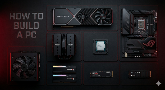 how to build a gaming PC components laid out on a table