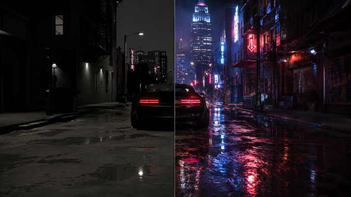A stark demonstration of ray tracing on or off in a dark city street scene with neon lights