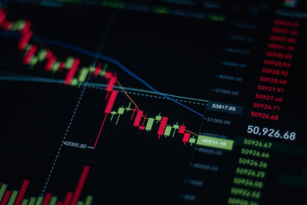 Candlestick chart and columns of numbers on a dark trading screen