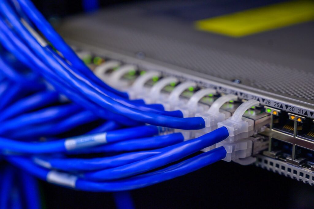 Blue network cables plugged into a row of ports on a network switch