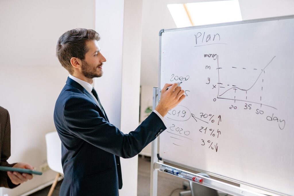 A man in a suit writing figures and a graph on an office whiteboard